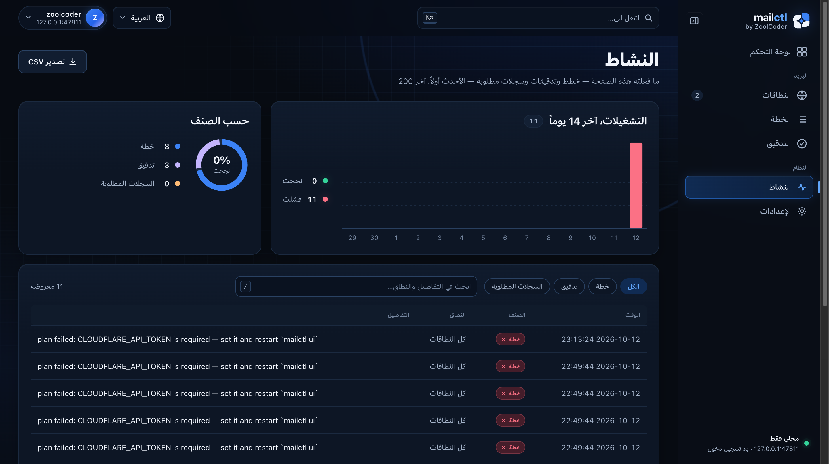 صفحة النشاط بالعربية والسمة الداكنة، من اليمين إلى اليسار