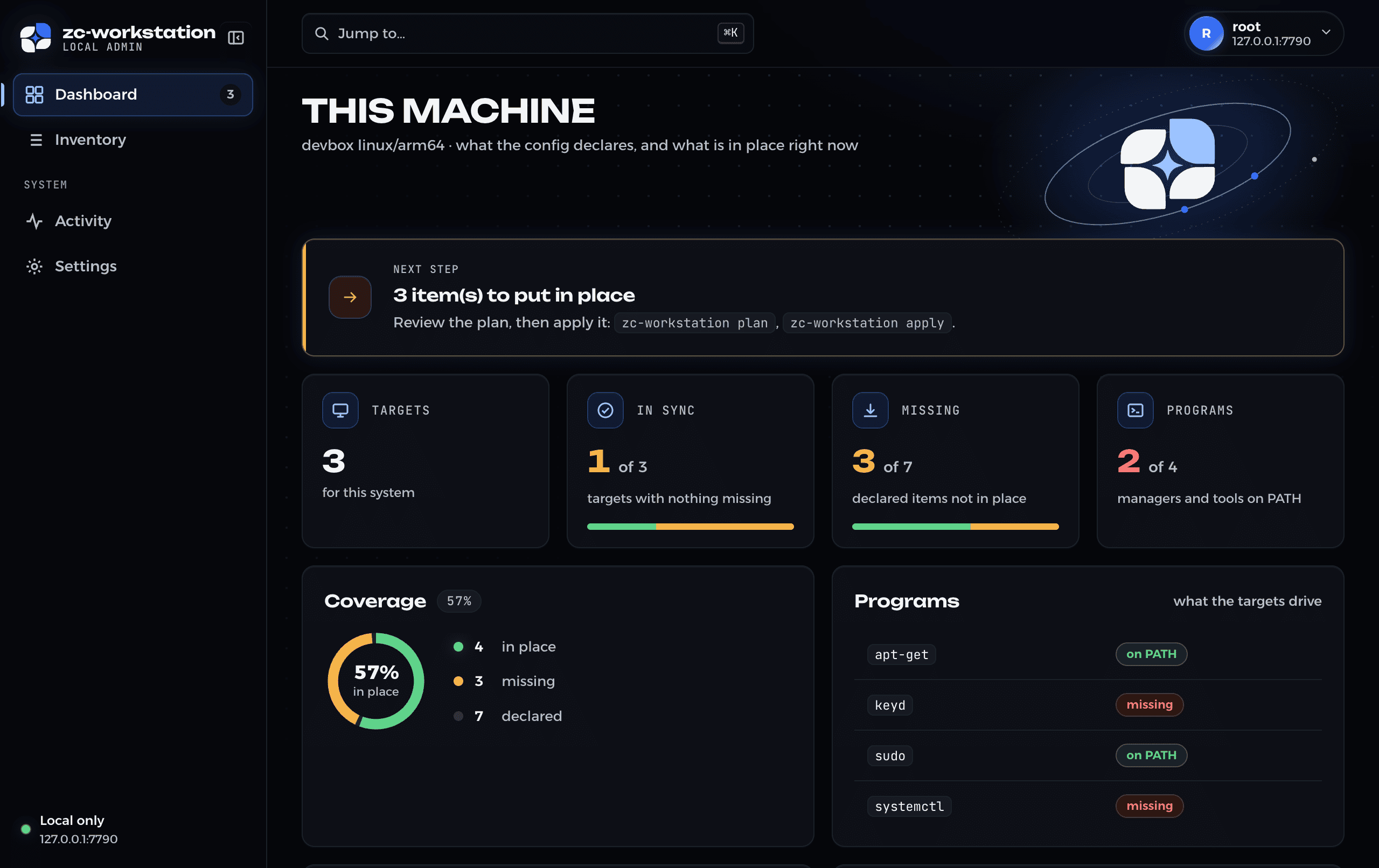 The dashboard’s front page on a Linux machine with three targets